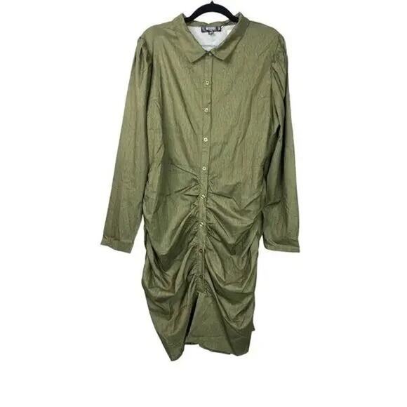 NWT Missguided Plus Ruched Shirt Mini Dress Stretchy Long Sleeve 14 Khaki #2810 - Picture 12 of 14